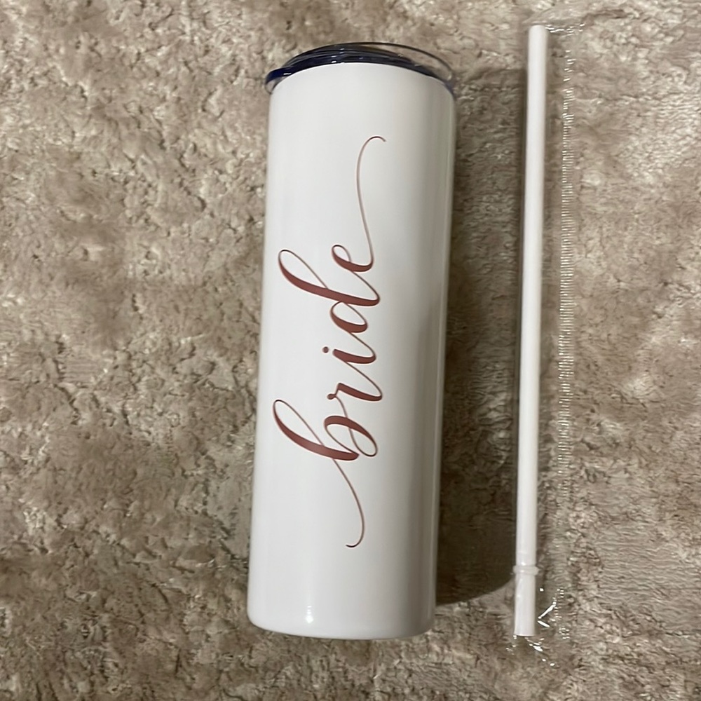 NEW- White insulated bride aluminum bride tumbler with straw